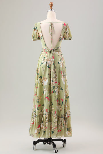 Green Flower A Line V Neck Tea Length Wedding Guest Dress with Short Sleeves